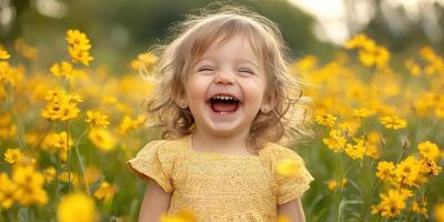 Joyful child smiles brightly in a vibrant yellow flower field during a sunny day photo