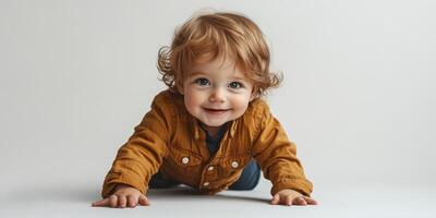 Baby with curly hair smiles while crawling on a light background during a playful indoor activity photo