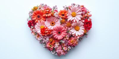 Heart-shaped arrangement of colorful flowers showcasing a blend of vibrant blooms on a white background photo