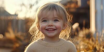 Young child with a joyful smile in a sunlit outdoor setting during golden hour photo