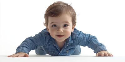 Little child crawling on a white surface wearing a denim shirt with a joyful expression in a bright indoor setting photo