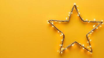 Glowing led star ornament nestling on surface, softly highlighted by warm fairy lights, creating festive holiday ambiance Copy space for text plain yellow background photo