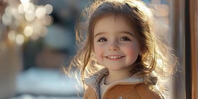 Smiling child with curly hair enjoying a sunny day in a cozy outdoor setting surrounded by soft, warm light photo
