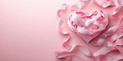 Creative heart shape made from pink fabric ribbons on a soft pink background photo