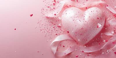 Decorative heart surrounded by glitter and ribbons for romantic celebrations or Valentine's Day occasions photo