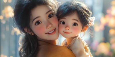 Mother and child sharing a joyful moment in a bright garden setting filled with flowers and soft sunlight photo