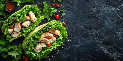 Fresh grilled chicken wraps with lettuce and cherry tomatoes on a dark stone background photo