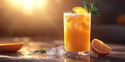 Refreshing citrus drink with ice and orange slice garnished at sunset photo