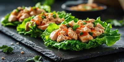 Delicious chicken lettuce wraps served on a black slate platter with fresh herbs and vegetables photo