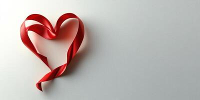 Creative red ribbon arranged into a heart shape on a plain background photo