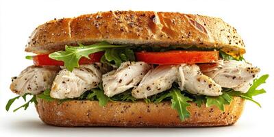 Delicious sandwich with grilled chicken, fresh greens, and tomatoes on whole grain bread in a bright setting photo
