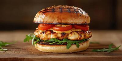 Juicy grilled chicken burger topped with fresh tomatoes and arugula on a sesame seed bun photo