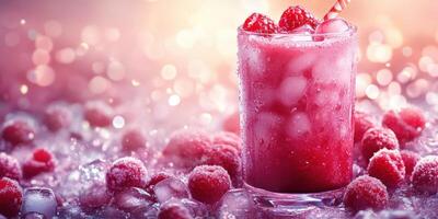 Refreshing raspberry drink garnished with berries and ice in a vibrant setting photo