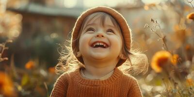 Happy child enjoying a sunny autumn day in a flower-filled garden with golden light and soft breezes photo