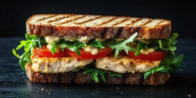 Grilled chicken sandwich with fresh vegetables served on whole grain bread at a restaurant or cafe photo