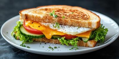 Delicious breakfast sandwich with fresh vegetables and fried egg served on toasted bread photo