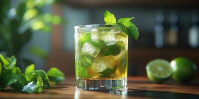 Refreshing mojito with fresh mint and lime served in a glass on wooden table with blurred background photo