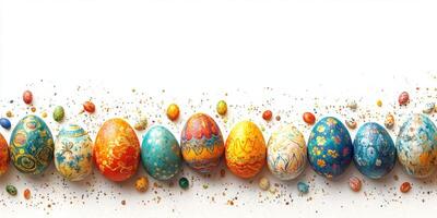 Colorful decorated Easter eggs arranged in a vibrant line with scattered beads on a white background photo