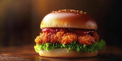 Crispy chicken sandwich with fresh lettuce and ketchup on a sesame seed bun served on a wooden table photo