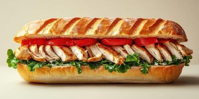 Deliciously crafted grilled chicken sandwich with fresh vegetables on crusty bread photo