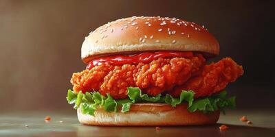 Juicy fried chicken sandwich with sesame bun, fresh lettuce, and tangy sauce served on a wooden table photo