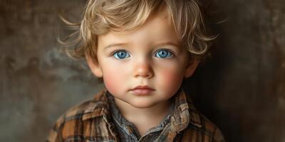 Bright-eyed toddler with curly hair against textured backdrop in a cozy indoor setting photo