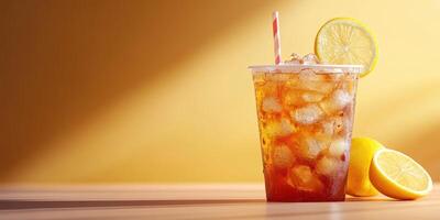 Refreshing iced tea with lemon served in a clear cup against a warm yellow backdrop photo