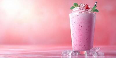 Refreshing pink strawberry milkshake served in a clear glass with whipped cream and mint leaves photo