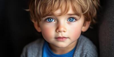 Young child with captivating blue eyes gazes thoughtfully from a dark background during a calm afternoon photo