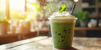 Refreshing green tea beverage served in a clear cup with ice and a mint leaf in a cozy cafe setting during afternoon hours photo