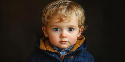 Child with curly hair and blue eyes wearing a navy jacket against a dark background in an indoor setting photo
