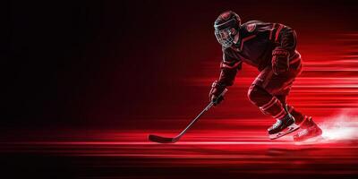 Ice hockey player in motion on a dark background with dynamic red streaks creating an energetic atmosphere photo