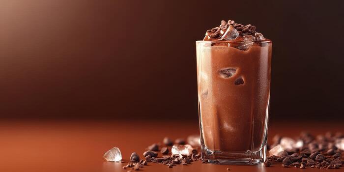Creamy chocolate drink with ice and chocolate shavings on a wooden table in a warm atmosphere photo