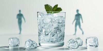 Refreshing beverage on ice with mint leaves standing out while people walk in the background photo