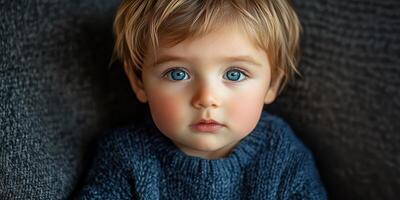 Young child with striking blue eyes wearing cozy sweater poses thoughtfully against textured background photo