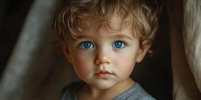 Young child with striking blue eyes gazes curiously while sitting indoors near soft fabrics in a cozy setting photo