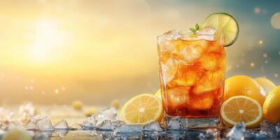 Refreshing iced beverage with lemon slices and ice cubes on a summer sunset background photo
