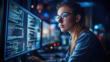 Young woman software engineer working late at night on computer code in office, focused on the task cybersecurity service concept photo
