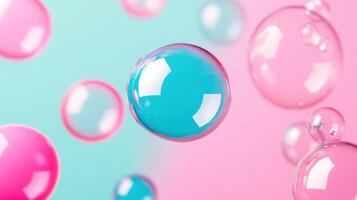 Iridescent soap bubbles suspended against soft pink blue gradient, evoking playful, ethereal visual composition background photo