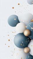 Blue, white, gold balloons spheres arranged in sleek geometric pattern, contemporary abstract composition with minimalist aesthetic happy birthday confetti vignette background photo