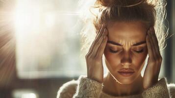 Woman suffering from strong migraine, touching temples with hands closing eyes window light photo