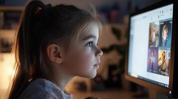 young girl taking in zoom call on desktop computer. picture should be a side profile of start from her shoulder the computer photo
