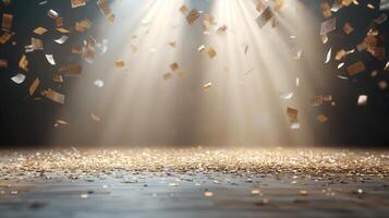 Golden confetti falling onto a festive stage illuminated by spotlights, creating a celebratory atmosphere empty room at night mockup with copy space photo