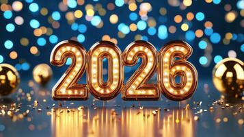 Glowing 2026 numerals gleaming against dark backdrop, sparkling festive bokeh and golden confetti swirling around atmosphere for New Year celebrations background photo