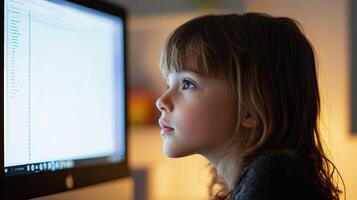 young girl taking in zoom call on his desktop computer. picture should be a side profile of start from her shoulder the computer photo