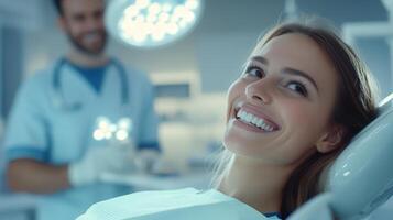 Smiling female patient displaying bright, healthy teeth following dental examination showcasing oral photo