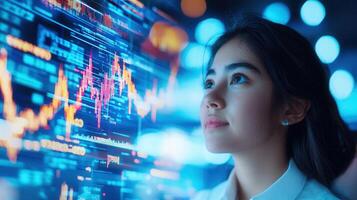 Professional female analyzing financial data interactive digital screen, displaying analytics in contemporary workspace trading chart photo