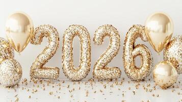 Shiny golden balloons, sparkling gliter confetti marking vibrant 2026 new year celebration against pristine white background photo
