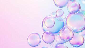 Iridescent soap bubbles suspended against soft pastel pink blue gradient, evoking playful, ethereal visual composition background photo