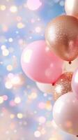 Festive scene featuring elegant balloons and swirling happy birthday confetti, joyful and celebratory atmosphere with a touch of sophistication background photo